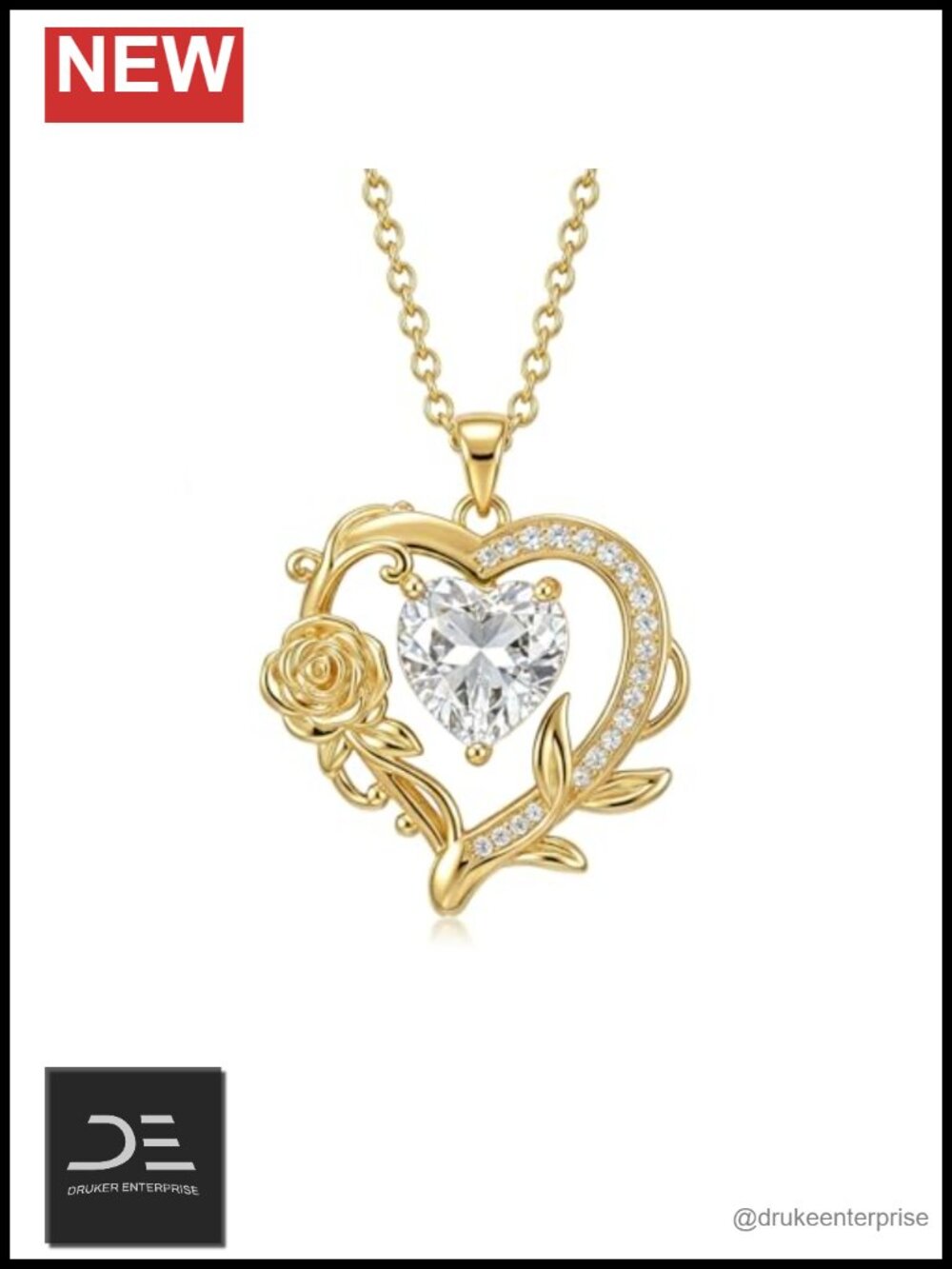 14K Gold Plated Rose Heart Pendant Necklace Cubic Zirconia
